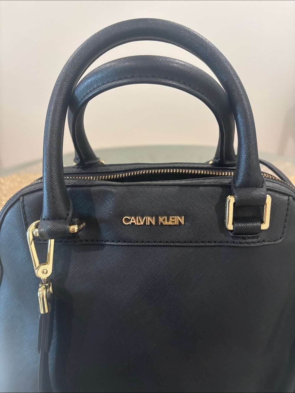 Calvin Klein Black Leather Dome Satchel with Gold Hardware - Picture 2 of 13